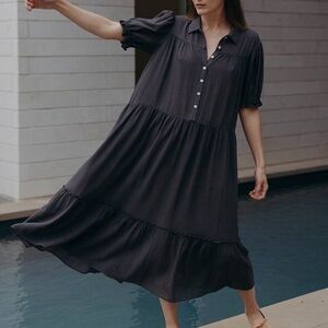 Esby Washed Black Pippa‎ Gauze Cotton Midi Dress - Small